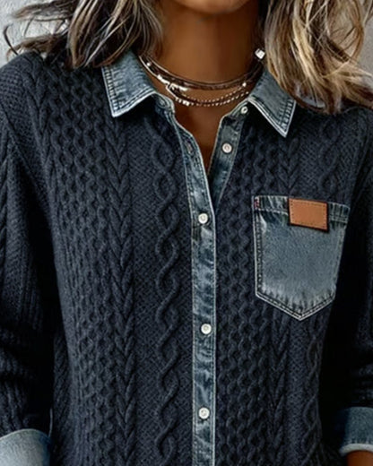 Women's Cable Knit Top with Denim Collar and Trim