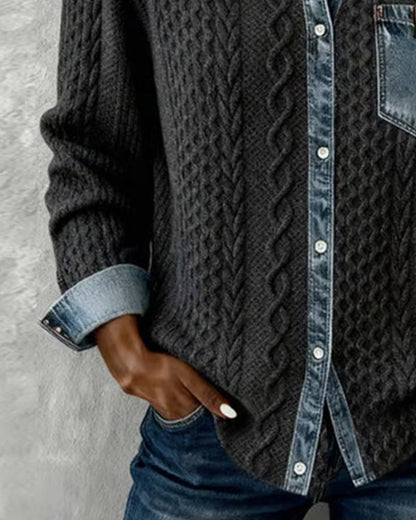 Women's Cable Knit Top with Denim Collar and Trim
