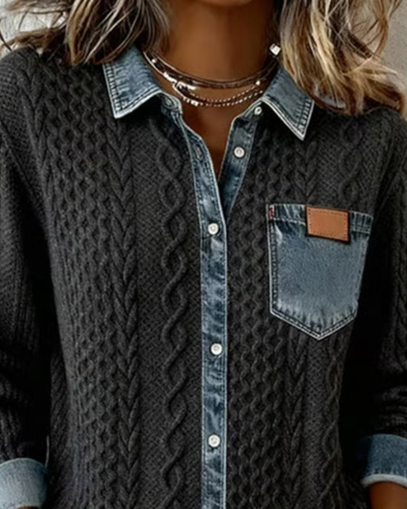 Women's Cable Knit Top with Denim Collar and Trim