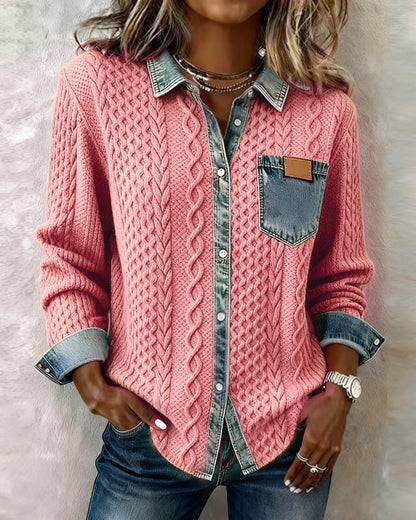 Women's Cable Knit Top with Denim Collar and Trim