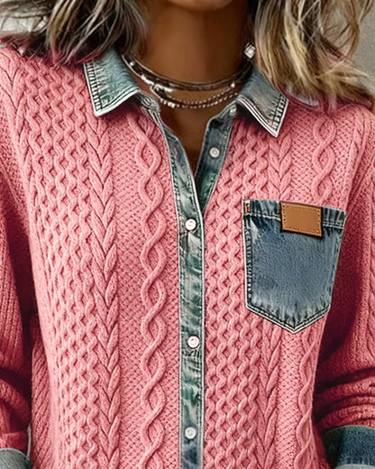 Women's Cable Knit Top with Denim Collar and Trim