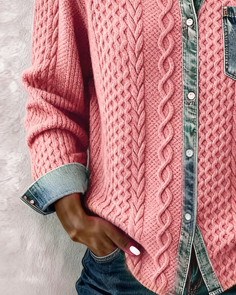 Women's Cable Knit Top with Denim Collar and Trim