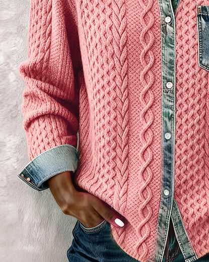 Women's Cable Knit Top with Denim Collar and Trim