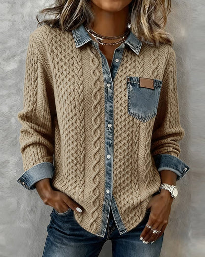 Women's Cable Knit Top with Denim Collar and Trim
