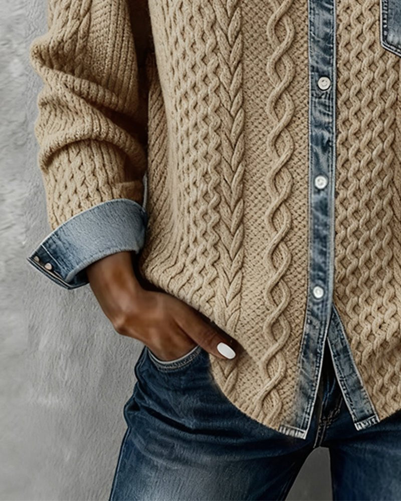 Women's Cable Knit Top with Denim Collar and Trim