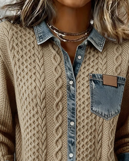 Women's Cable Knit Top with Denim Collar and Trim