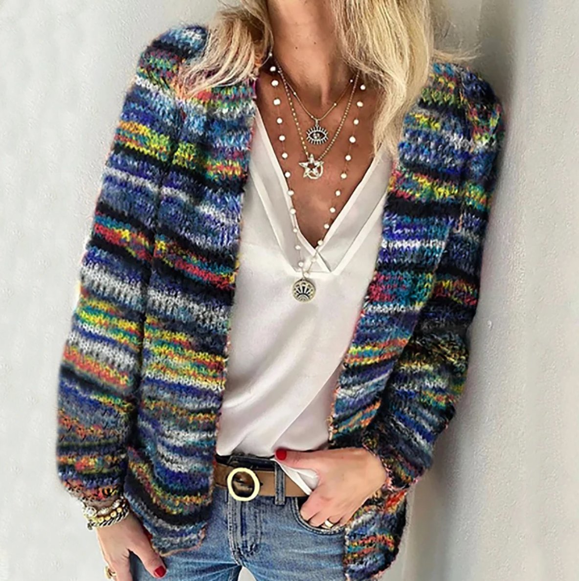 Multicolour Striped Knit Sleeveless Vest Cardigan