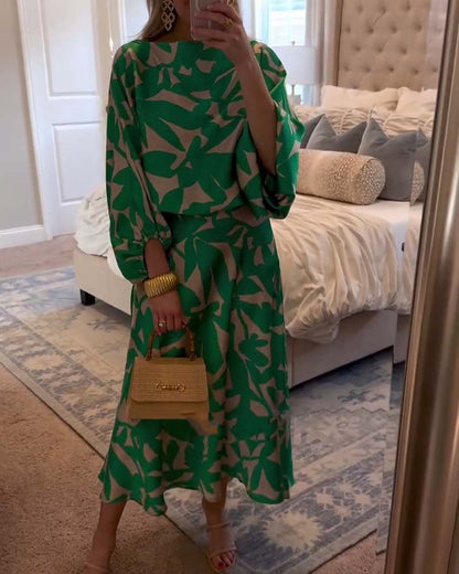 Botanical Pattern Lantern-Sleeve Top and Skirt Co-Ord
