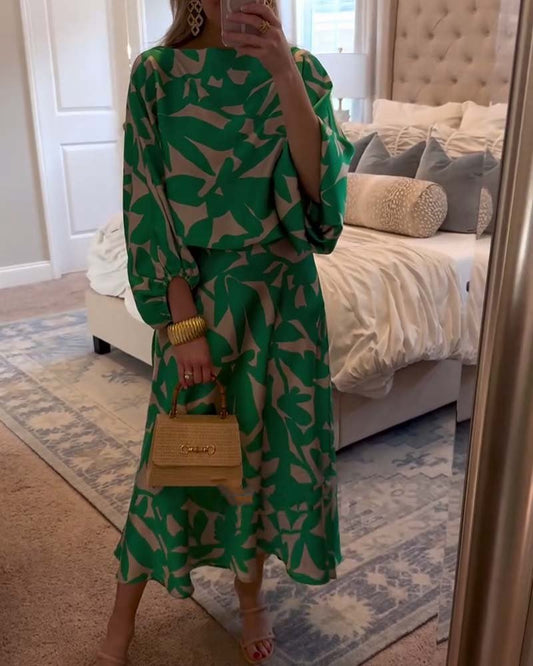 Botanical Pattern Lantern-Sleeve Top and Skirt Co-Ord
