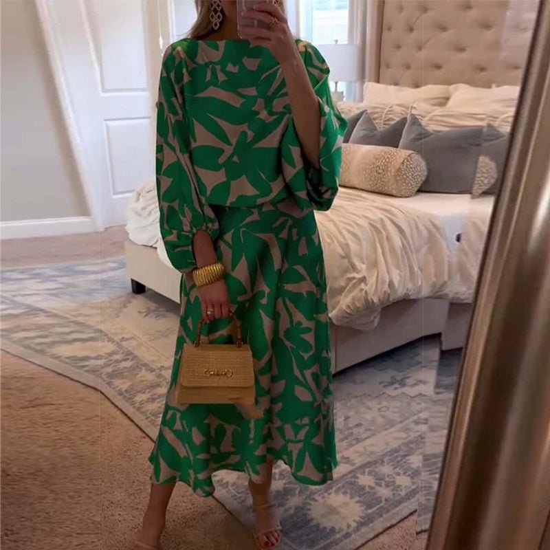 Botanical Pattern Lantern-Sleeve Top and Skirt Co-Ord