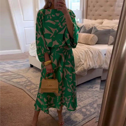 Botanical Pattern Lantern-Sleeve Top and Skirt Co-Ord