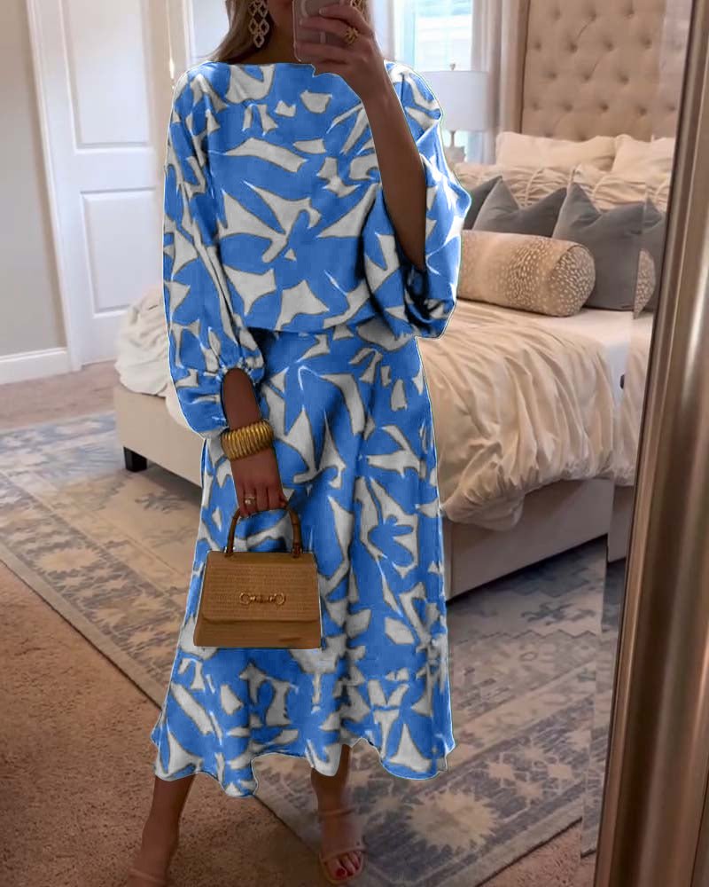 Botanical Pattern Lantern-Sleeve Top and Skirt Co-Ord