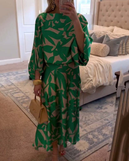 Botanical Pattern Lantern-Sleeve Top and Skirt Co-Ord