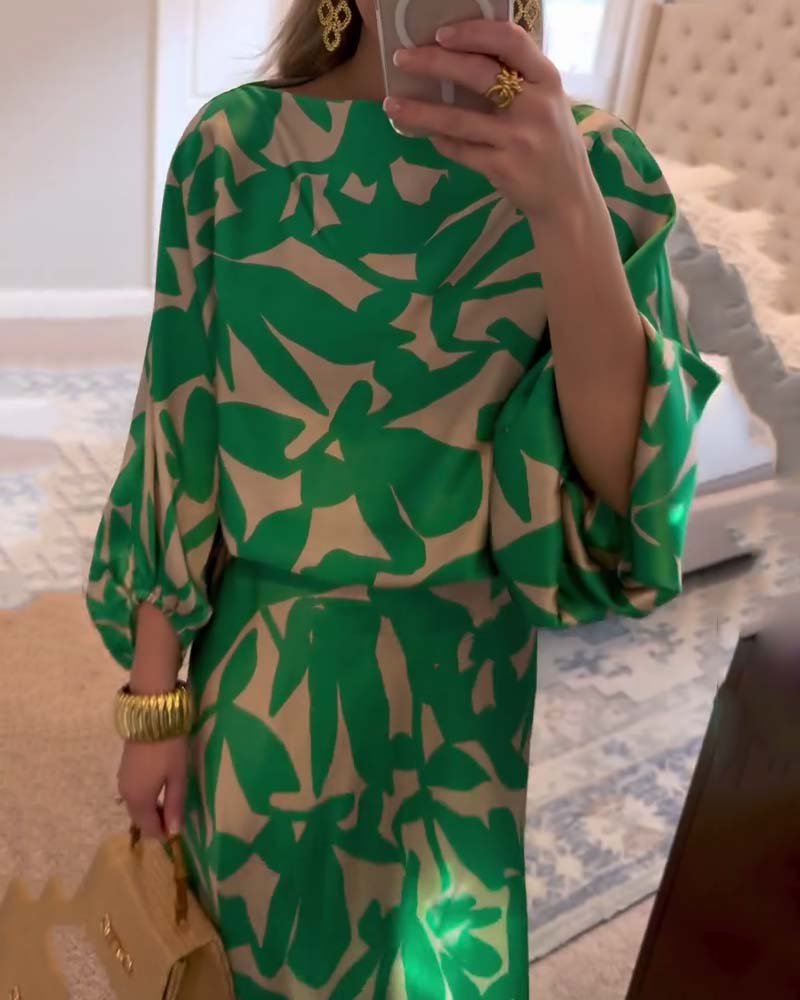 Botanical Pattern Lantern-Sleeve Top and Skirt Co-Ord