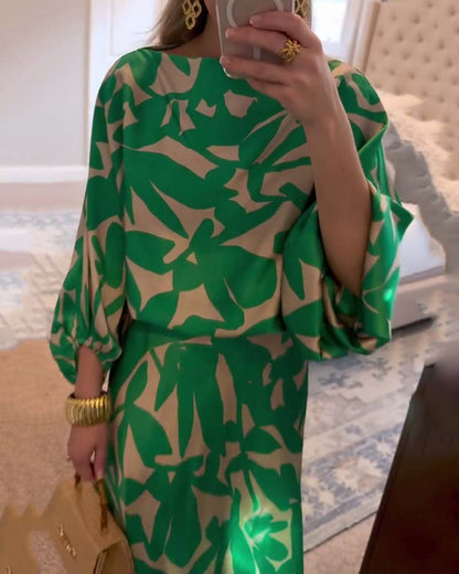 Botanical Pattern Lantern-Sleeve Top and Skirt Co-Ord