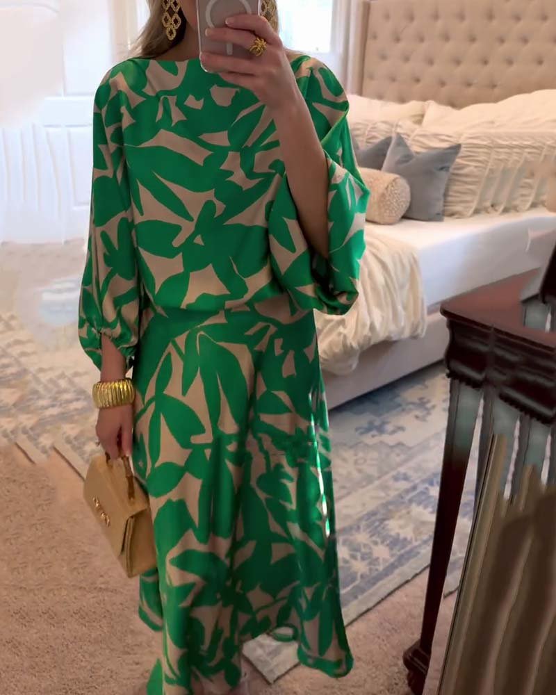 Botanical Pattern Lantern-Sleeve Top and Skirt Co-Ord