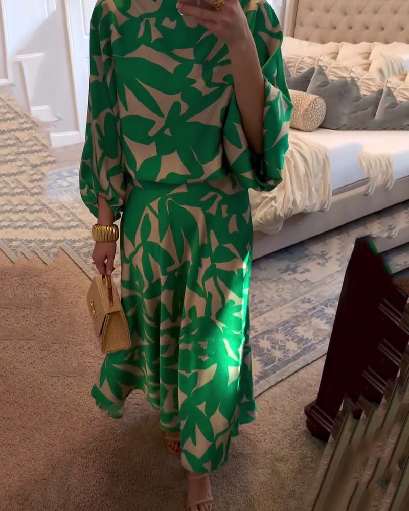 Botanical Pattern Lantern-Sleeve Top and Skirt Co-Ord