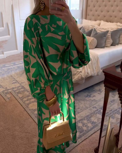 Botanical Pattern Lantern-Sleeve Top and Skirt Co-Ord