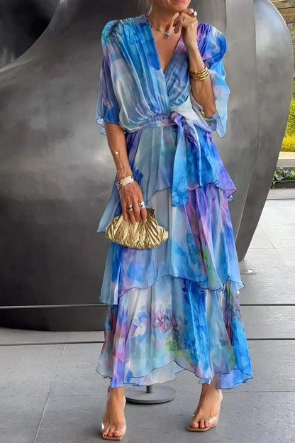 Tiered Floral Chiffon Maxi Dress