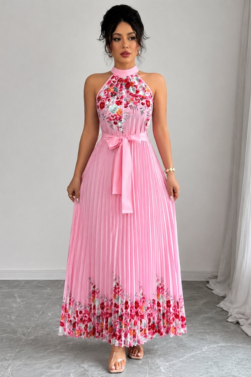 Floral Pleated Halter Midi Dress with Waist Tie
