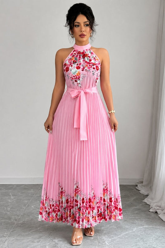 Floral Pleated Halter Midi Dress with Waist Tie