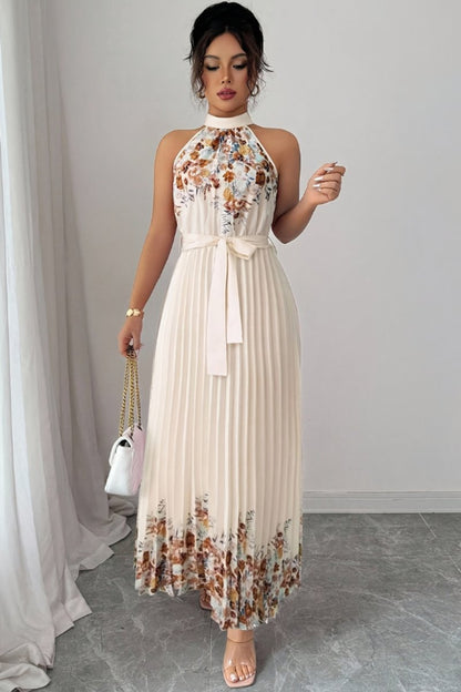 Floral Pleated Halter Midi Dress with Waist Tie
