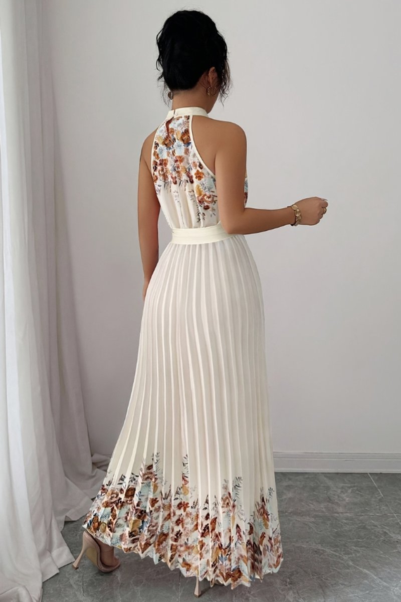 Floral Pleated Halter Midi Dress with Waist Tie