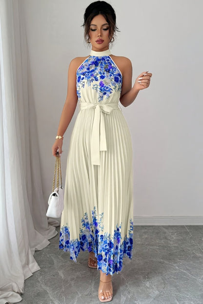 Floral Pleated Halter Midi Dress with Waist Tie