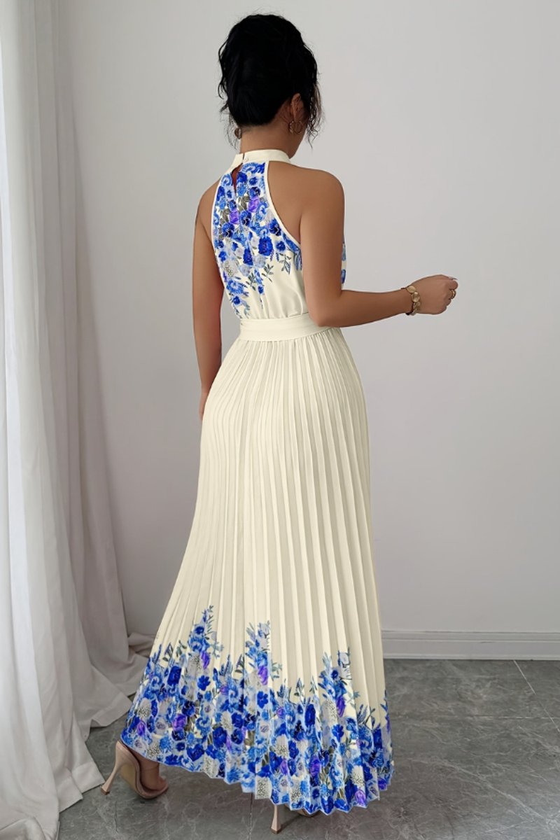 Floral Pleated Halter Midi Dress with Waist Tie