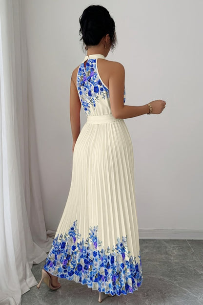 Floral Pleated Halter Midi Dress with Waist Tie