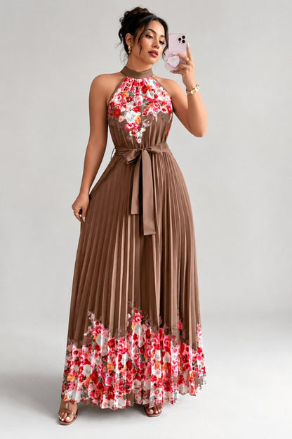 Floral Pleated Halter Midi Dress with Waist Tie