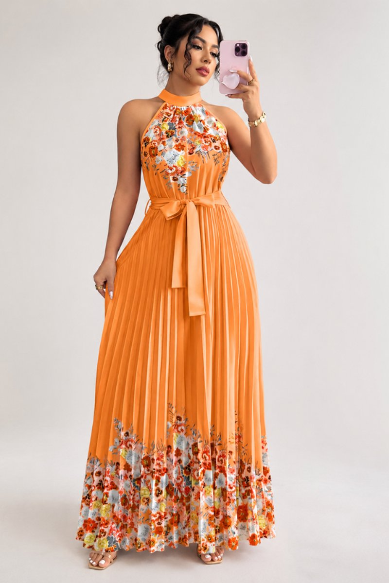 Floral Pleated Halter Midi Dress with Waist Tie