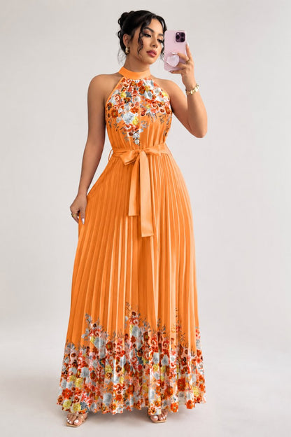 Floral Pleated Halter Midi Dress with Waist Tie