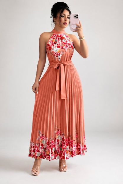 Floral Pleated Halter Midi Dress with Waist Tie