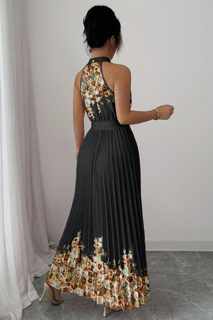 Floral Pleated Halter Midi Dress with Waist Tie