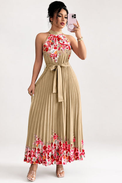 Floral Pleated Halter Midi Dress with Waist Tie