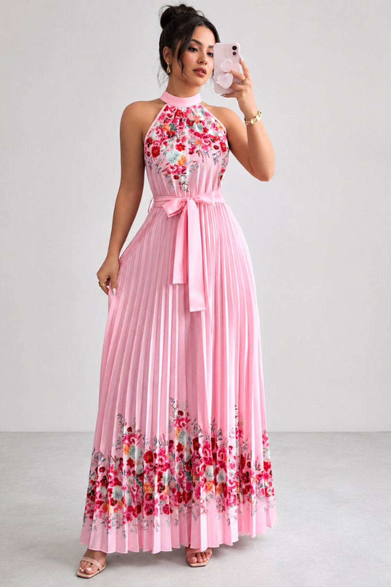 Floral Pleated Halter Midi Dress with Waist Tie