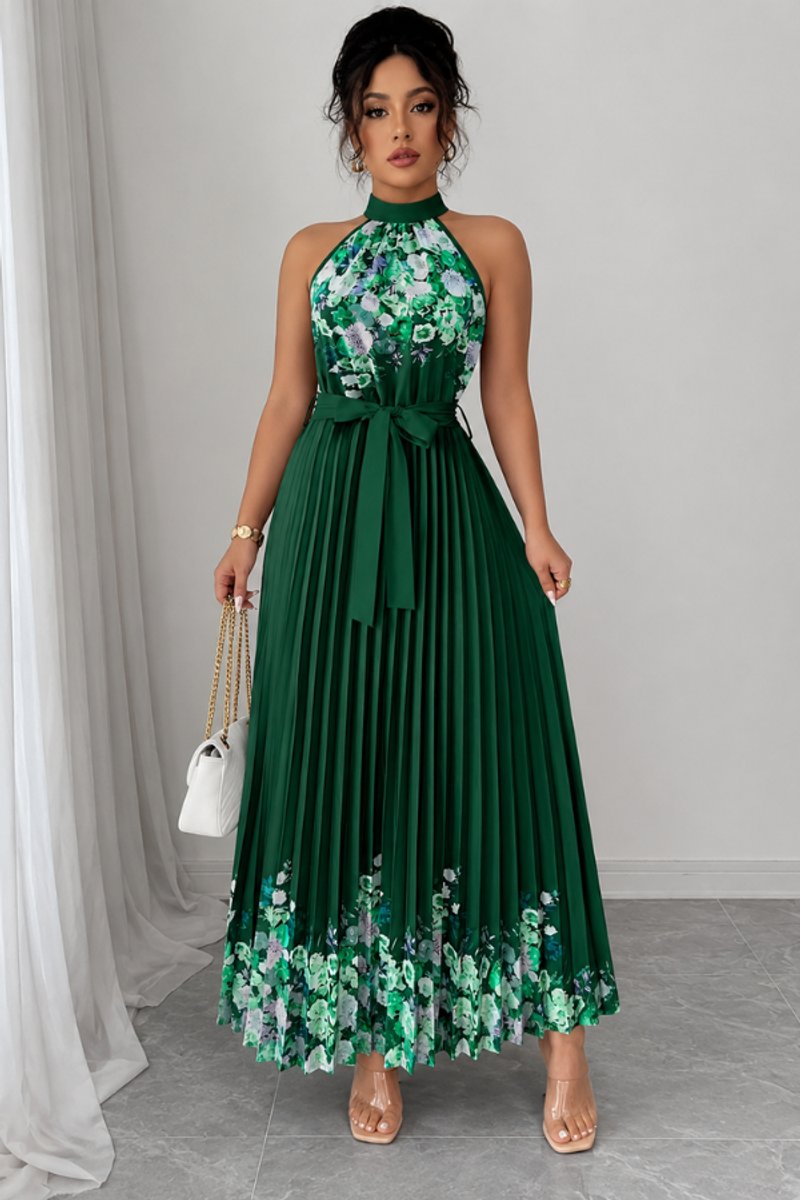 Floral Pleated Halter Midi Dress with Waist Tie