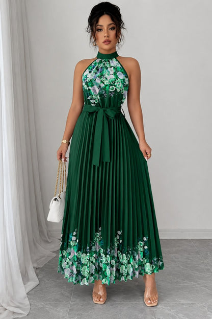 Floral Pleated Halter Midi Dress with Waist Tie