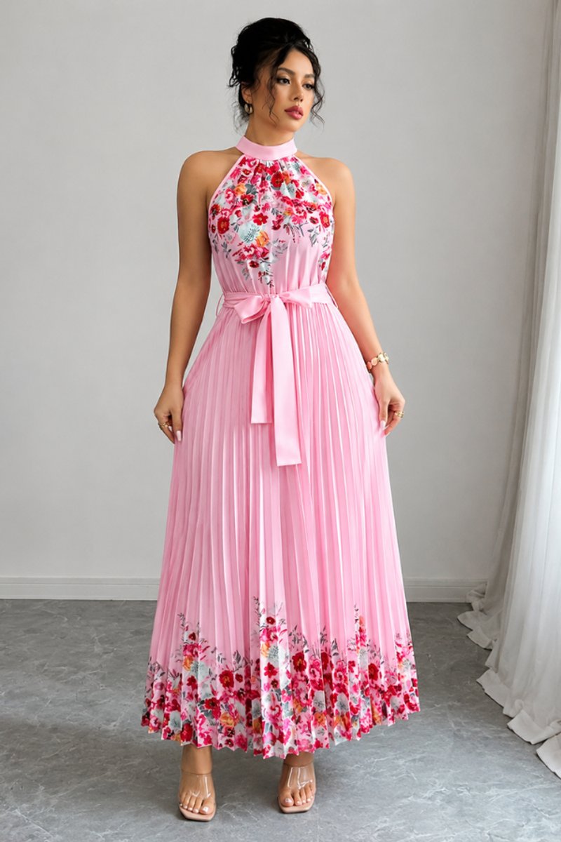 Floral Pleated Halter Midi Dress with Waist Tie