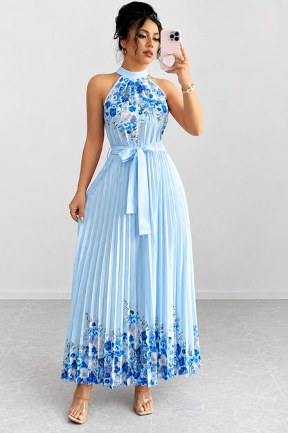Floral Pleated Halter Midi Dress with Waist Tie