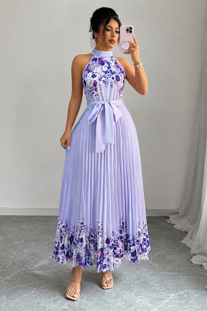 Floral Pleated Halter Midi Dress with Waist Tie