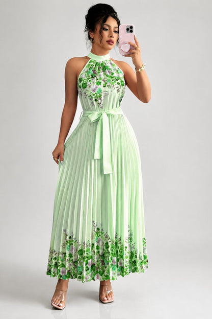 Floral Pleated Halter Midi Dress with Waist Tie