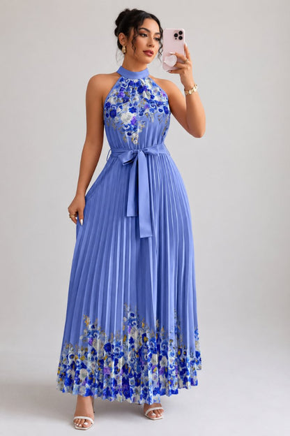 Floral Pleated Halter Midi Dress with Waist Tie