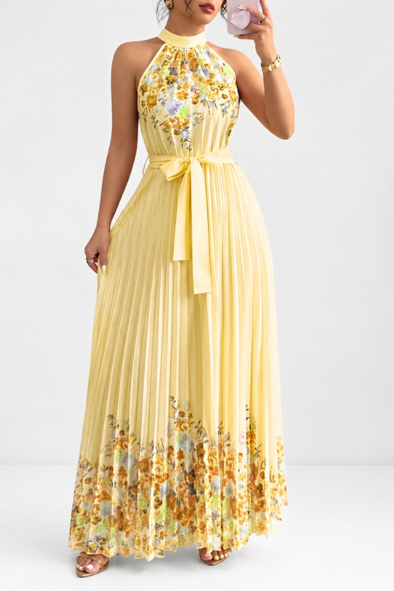 Floral Pleated Halter Midi Dress with Waist Tie