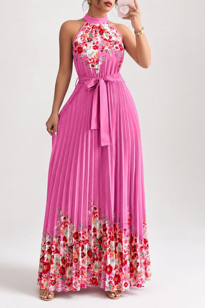 Floral Pleated Halter Midi Dress with Waist Tie