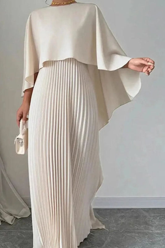 Pleated Maxi Dress with Cape Overlay
