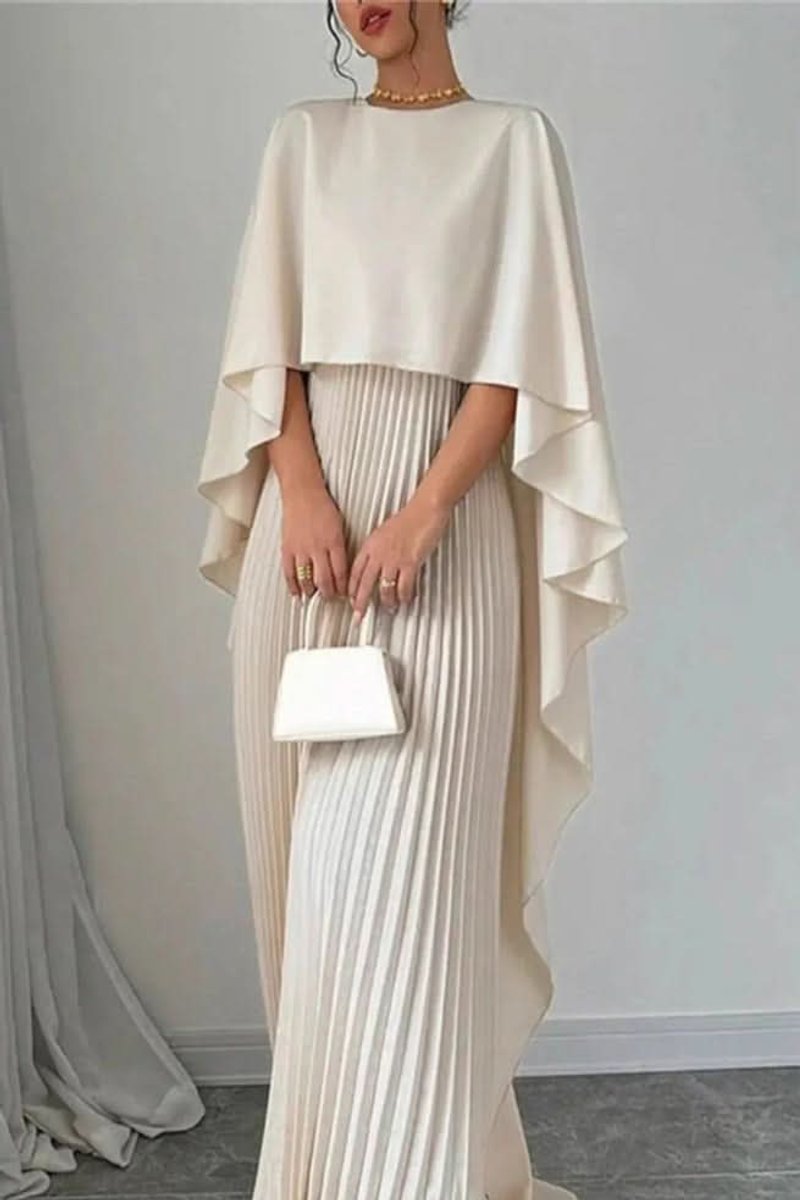 Pleated Maxi Dress with Cape Overlay