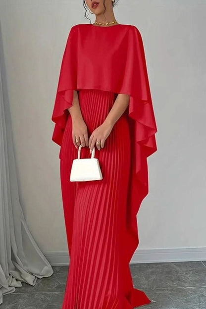 Pleated Maxi Dress with Cape Overlay