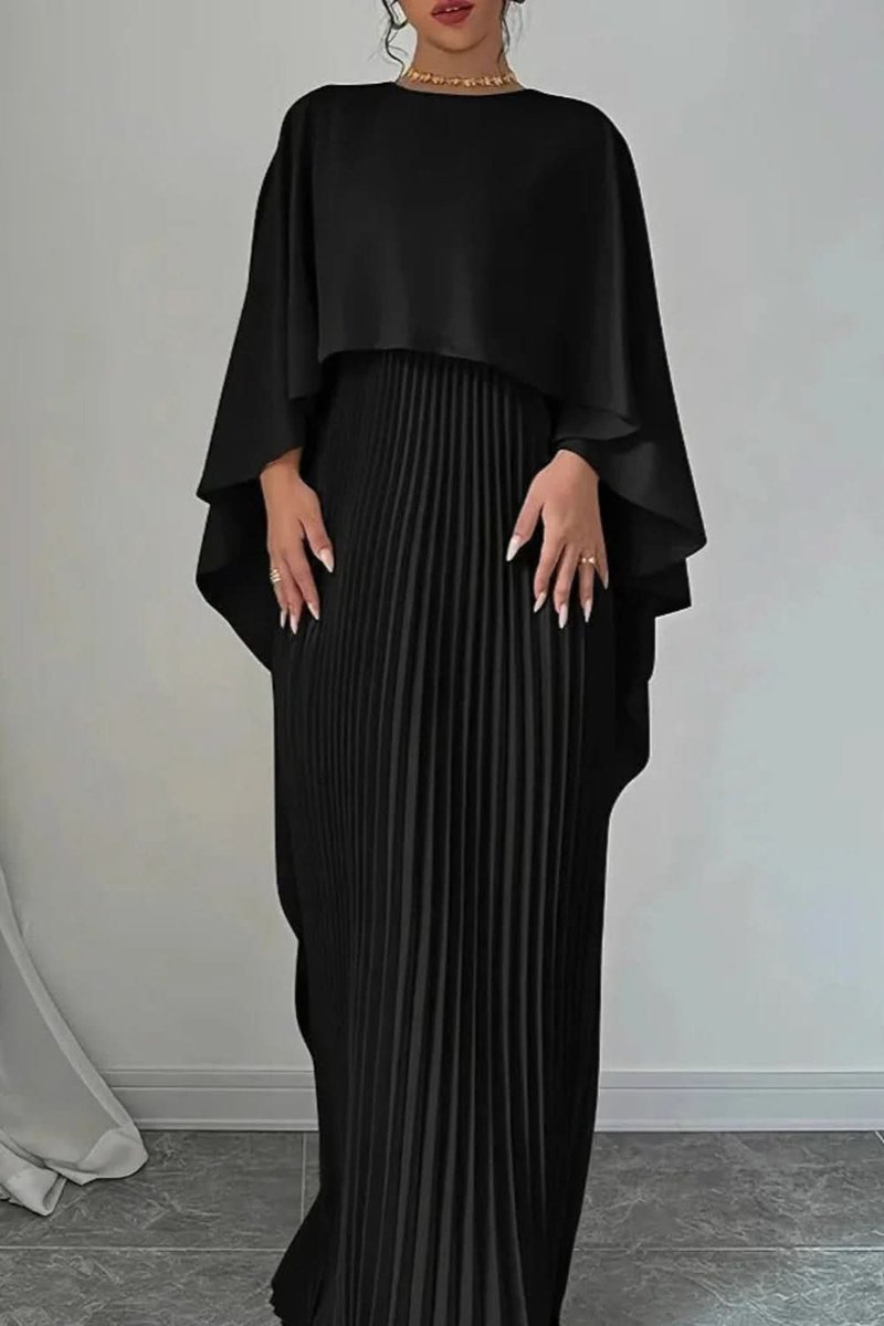 Pleated Maxi Dress with Cape Overlay